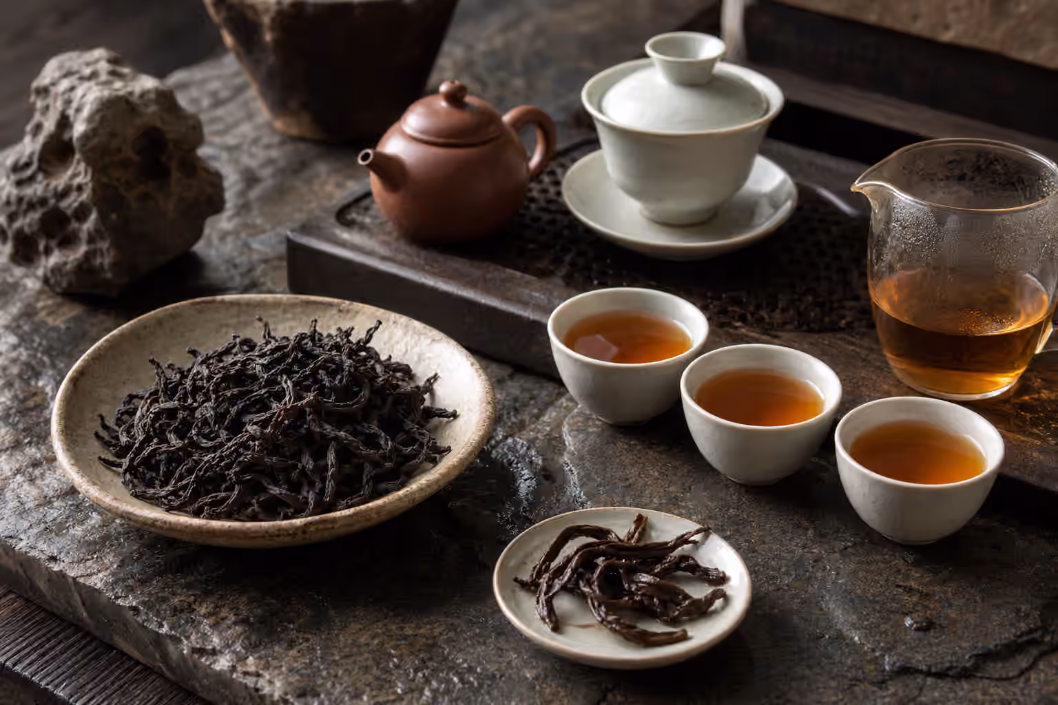 Wuyi-style rock oolong table with twisted dark leaves, clay teapot, gaiwan, and amber tea cups.