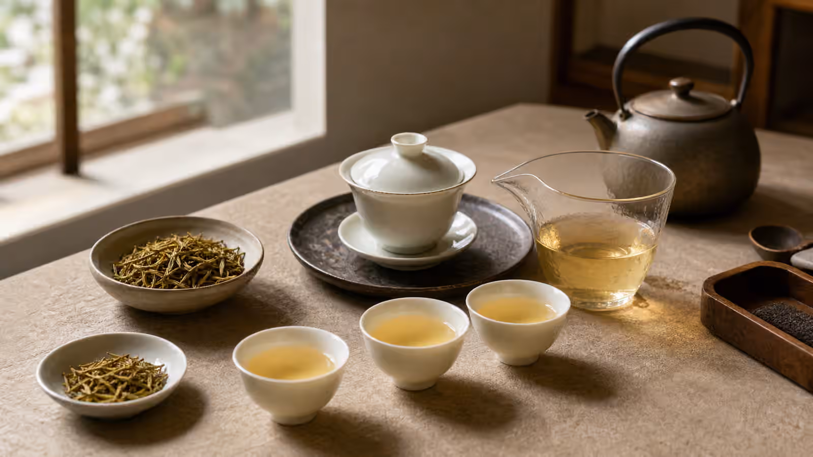 Yellow tea tasting table with pale golden cups, loose leaves, a gaiwan, and a glass pitcher.