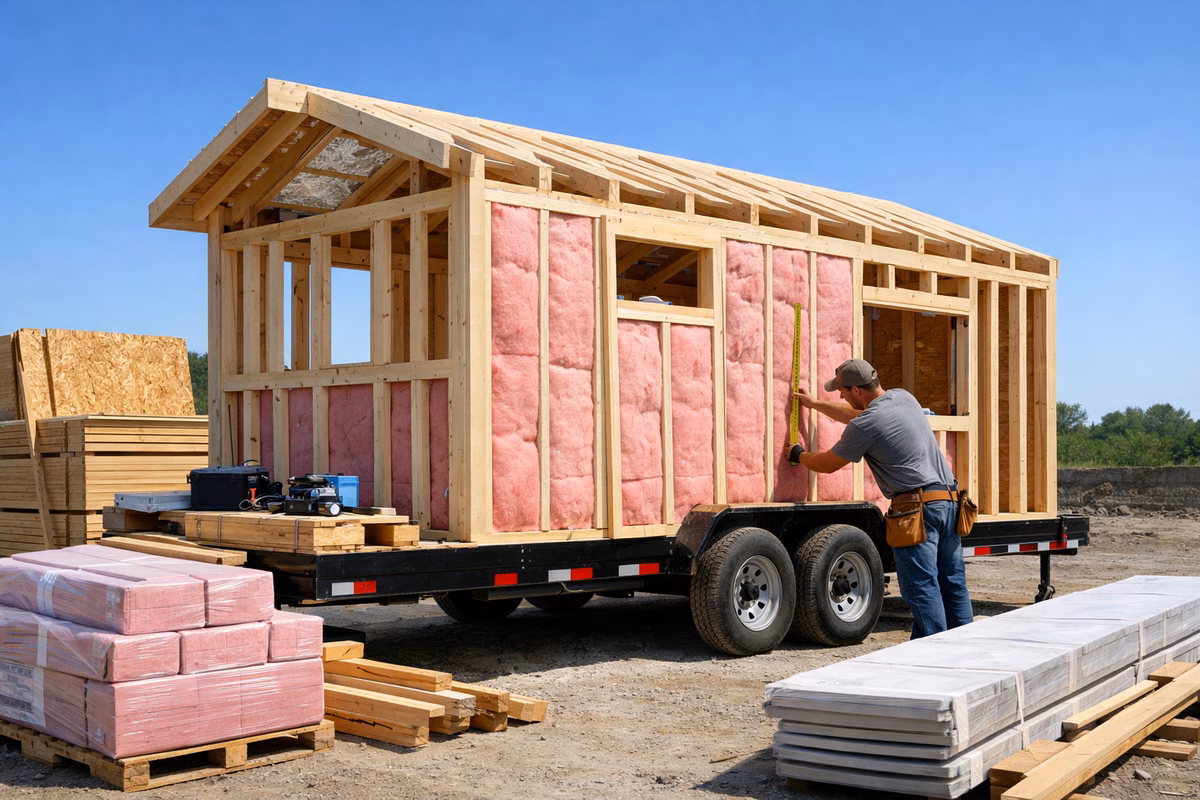 A tiny home under construction on a flatbed trailer: framing visible with insulation being installed, stacks of building materials nearby, a person measuring a wall section with a tape measure, clear sky background, realistic construction photography