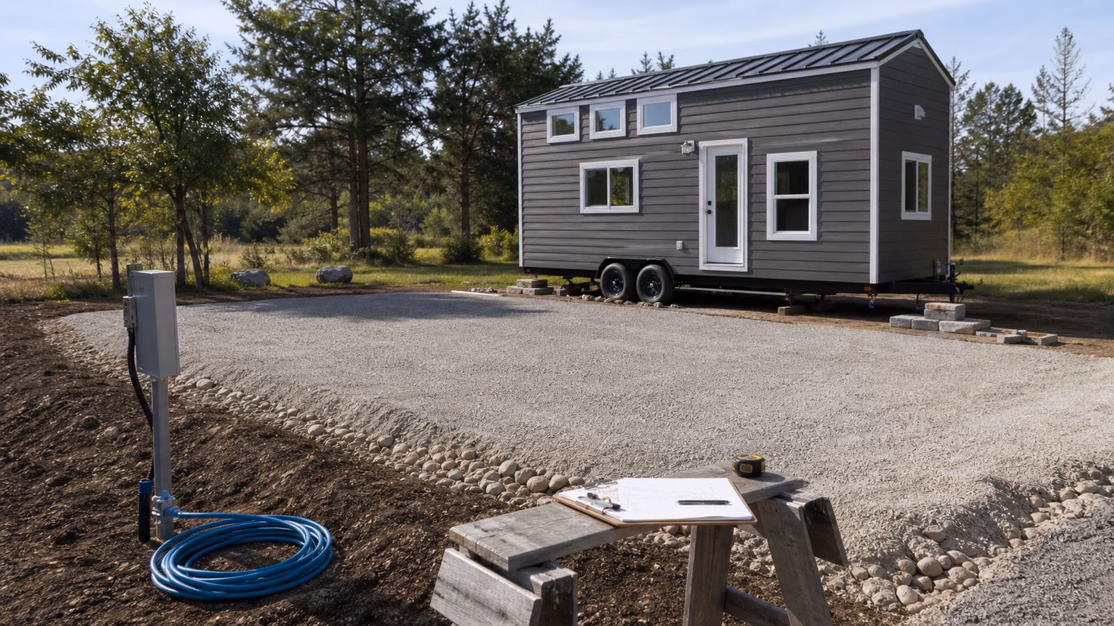 A tiny home staged beside a leveled gravel pad with utility hookups and setup tools nearby.