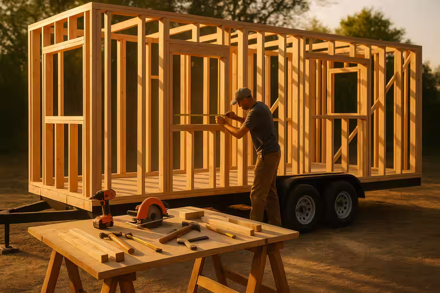 A heavy-duty tiny home trailer with steel I-beam frame, dual axles, and outrigger supports visible, parked on gravel with measuring tape extended across the deck, clear day with utility trailer in background for scale