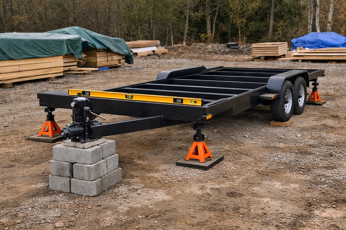 A tiny home trailer properly leveled on a site, showing heavy-duty jack stands at corners, a long spirit level on the frame, and concrete blocks under the tongue jack, getting ready for subfloor, construction site setting