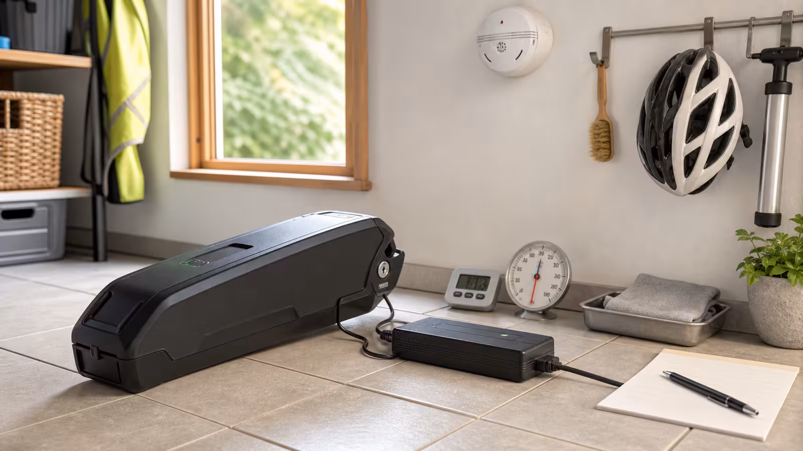 An e-bike battery and charger on a clear ceramic tile counter with a timer, thermometer, smoke alarm, metal tray, folded towel, helmet, and blank checklist card.