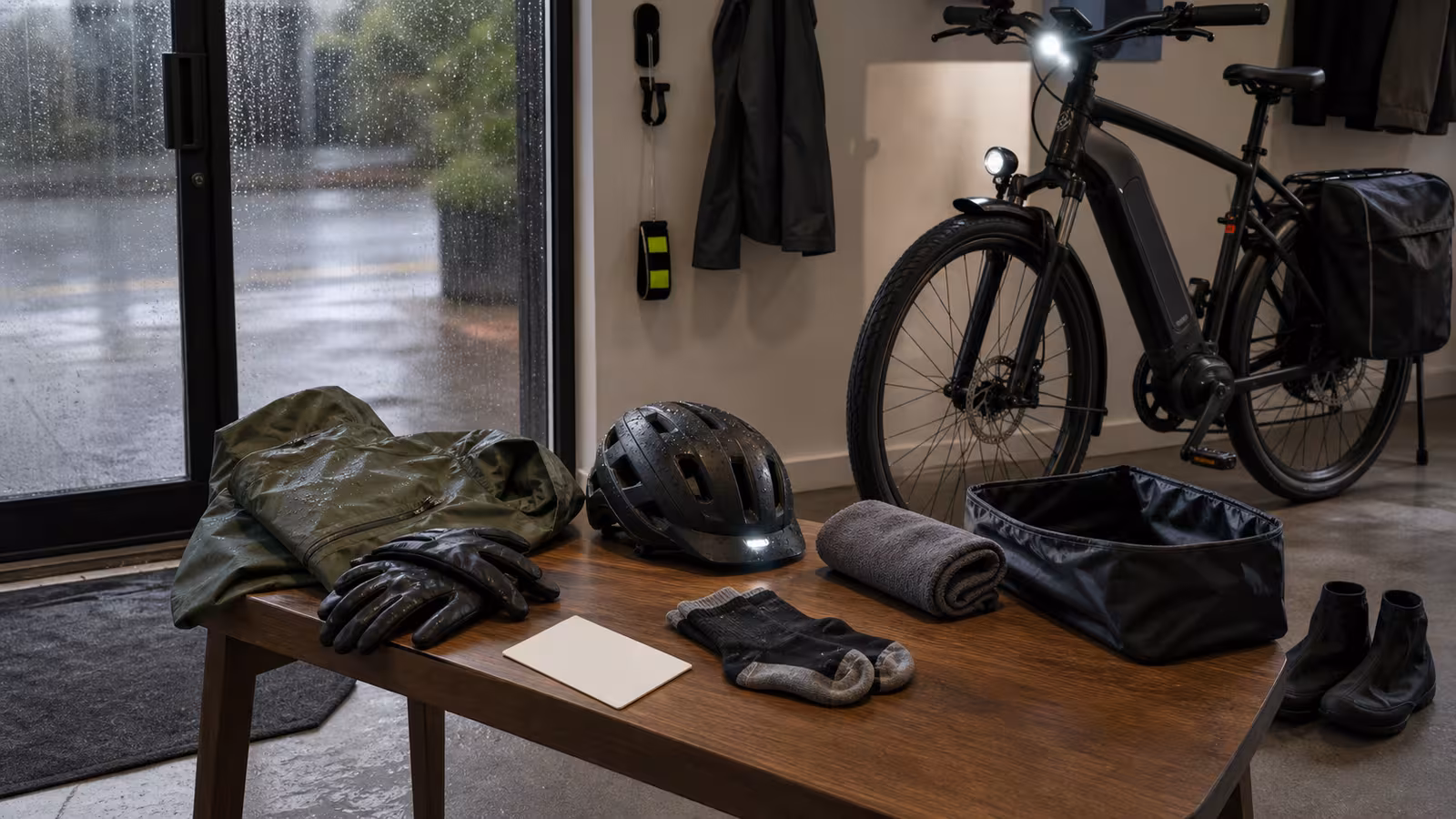 A rainy e-bike commute setup with rain jacket, waterproof gloves, helmet light, reflective band, dry socks, towel, pannier liner, and a commuter e-bike by the door.