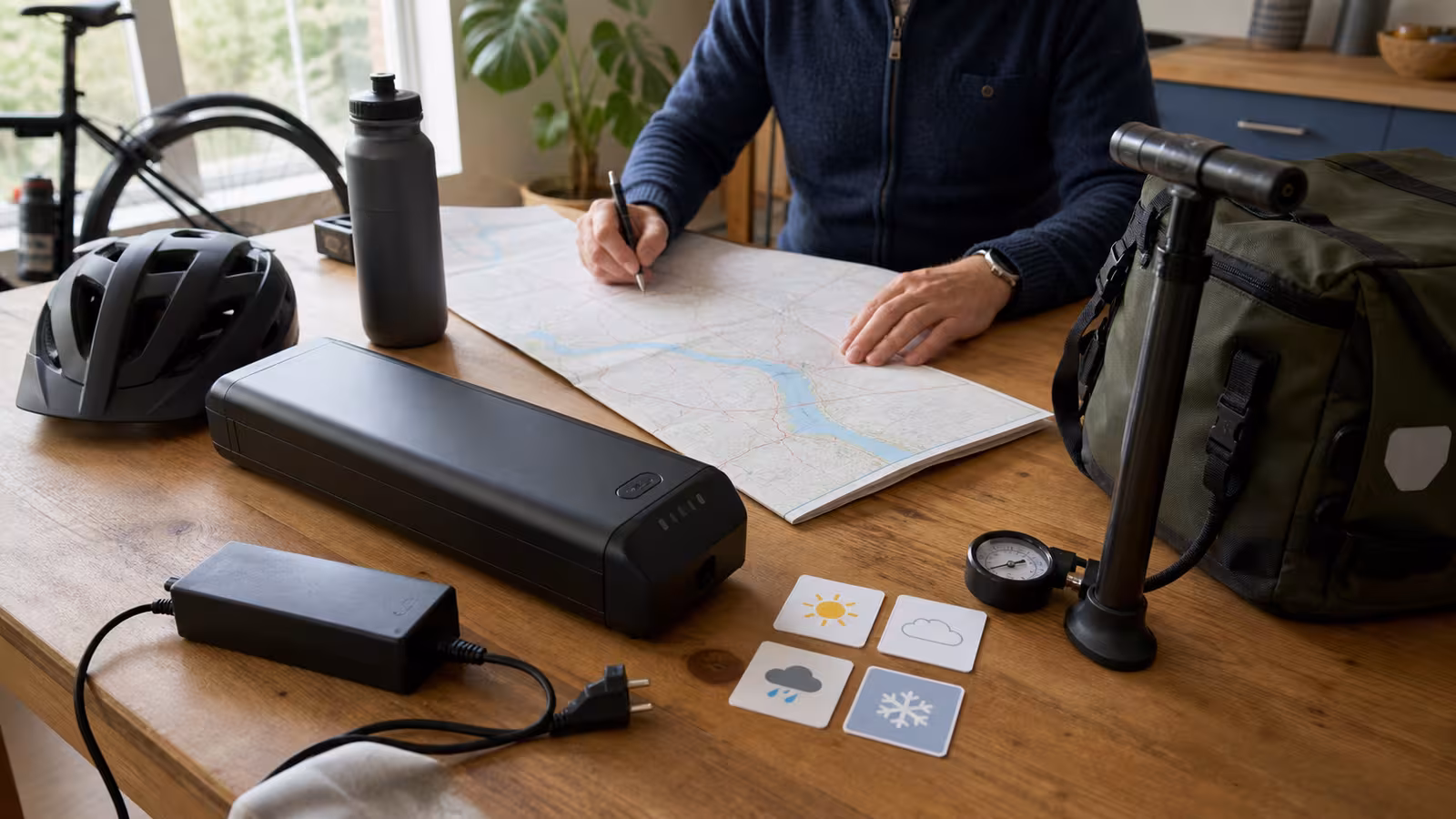 An e-bike battery, charger, helmet, pump, tire gauge, pannier, weather cards, and a blank route map on a wooden table.