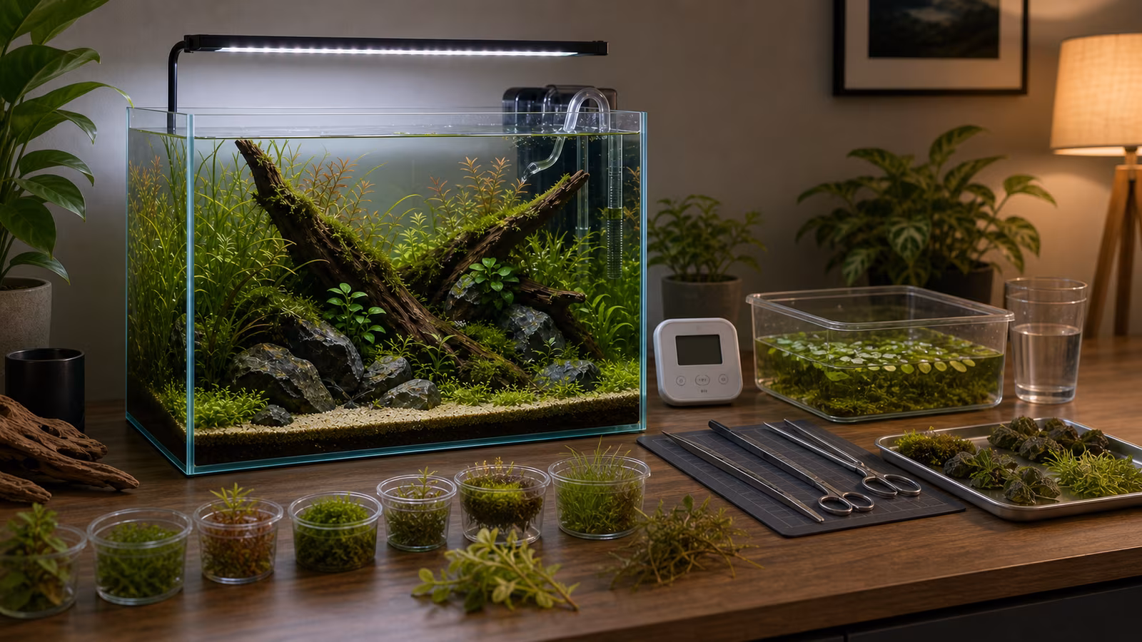 Aquarium light, timer, plant samples, floating plants, and a planted tank arranged for light planning.