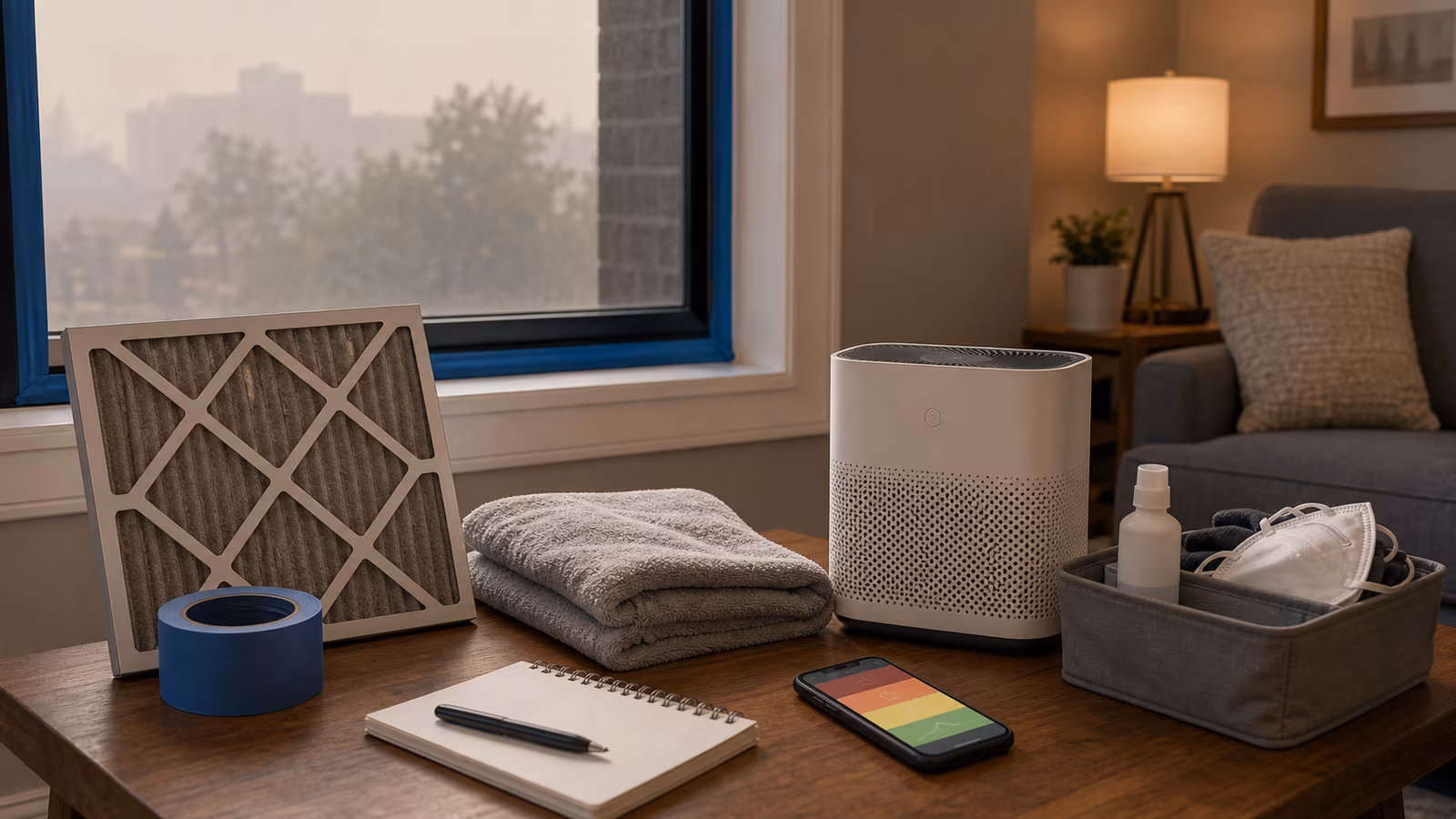 Closed-window smoke-day room with air purifier, spare filters, activity pause cards, and weathered outdoor haze.