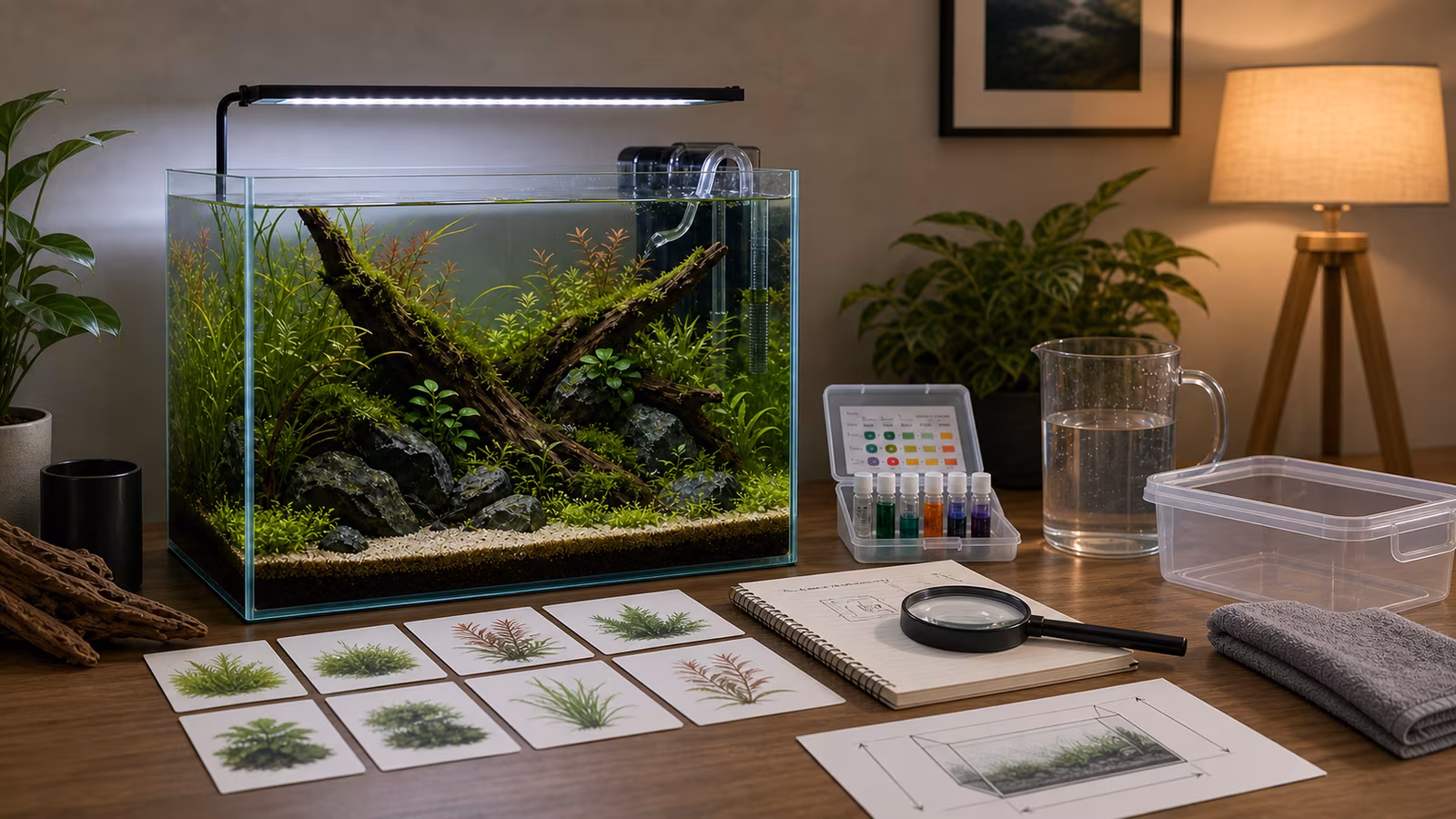 Small planted aquarium stocking desk with species cards, tank-size note, test kit, and empty transport container.