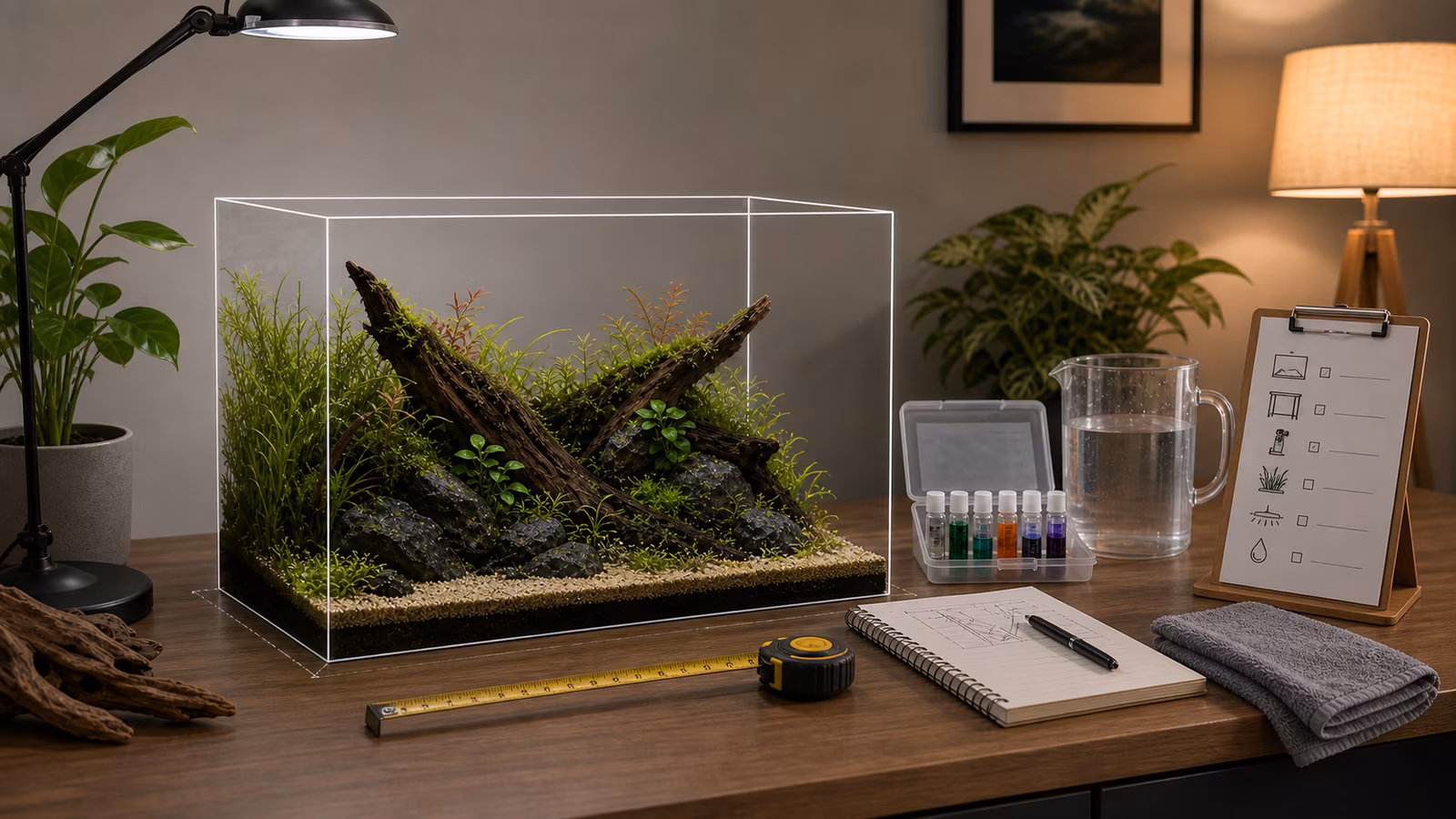 Planted aquarium size planning desk with tank outline, measuring tape, stand checklist, test kit, and weight note.