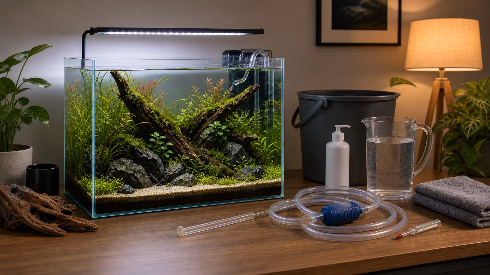 Aquarium water-change planning setup with siphon, bucket, conditioner, thermometer, towel, and planted tank.