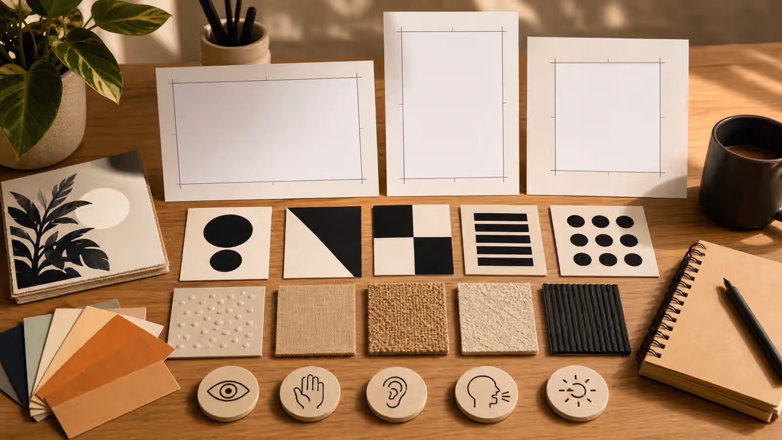 An editorial design desk with blank image frames, high-contrast swatches, texture samples, crop guides, and accessibility review tokens.