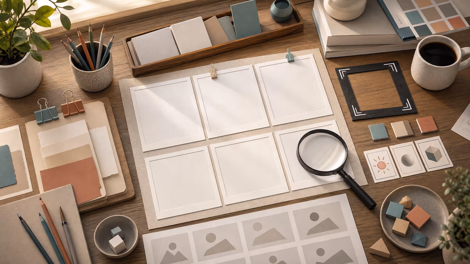 A quality-check desk with blank generated image cards, a magnifier, crop frame, warning shapes, and review tiles.