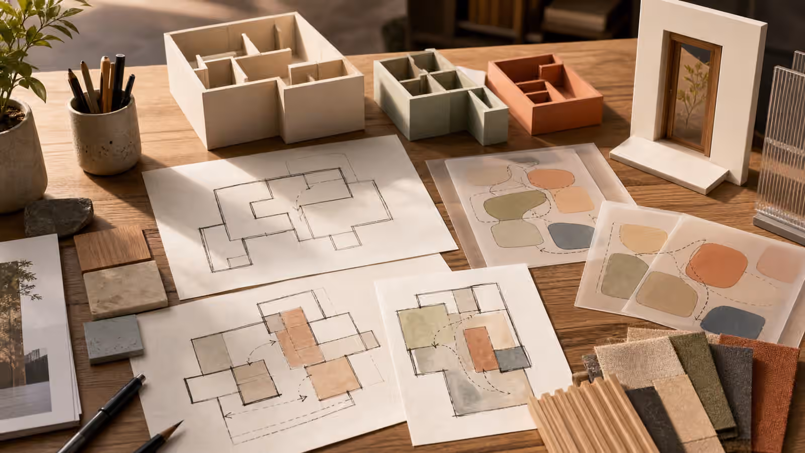 An architectural studio desk with fictional room-block models, unlabeled plan shapes, translucent zoning cards, material swatches, and crop frames.