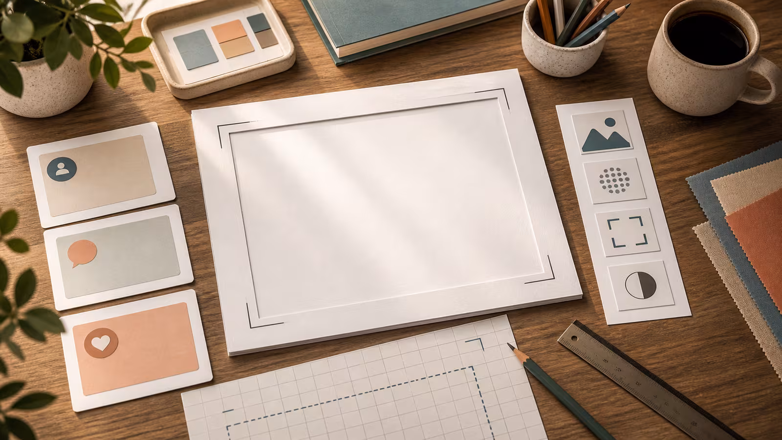 An article hero planning desk with a blank search-intent card, image frame, and quality-check tiles for matching visuals to reader promises.
