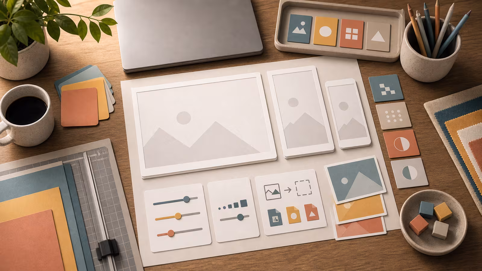 A fast image delivery workspace with export tiles, responsive frames, compression controls, and format cards for AVIF and WebP planning.