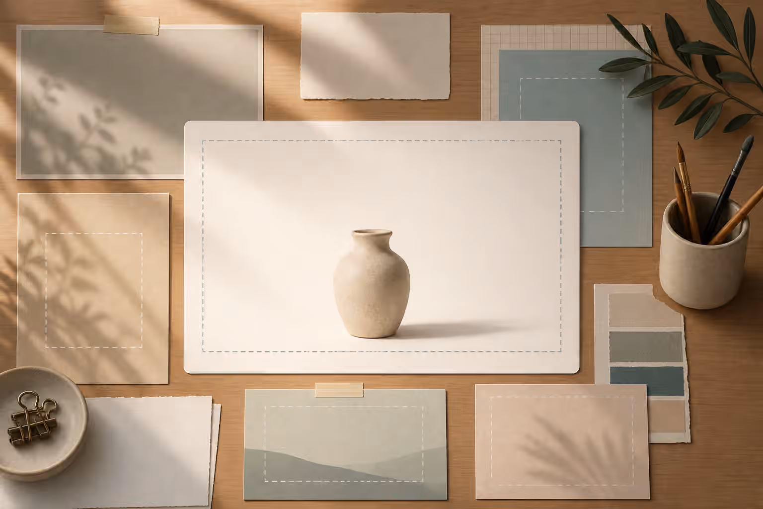 A background and negative space planning desk with blank image frames, quiet paper panels, crop guides, and one small ceramic subject.