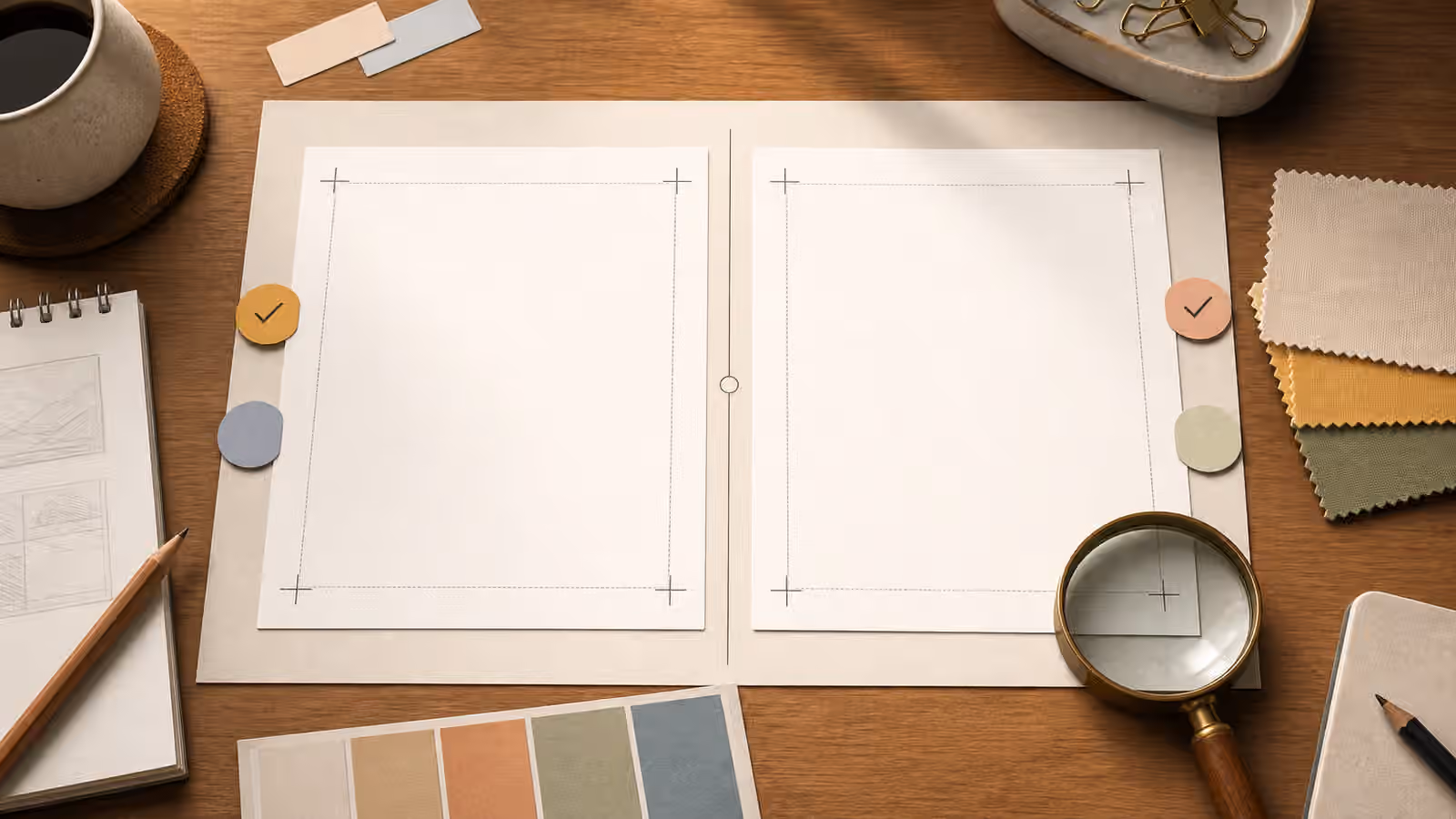 Two blank comparison cards on a review desk with crop guides, a magnifier, and material swatches.