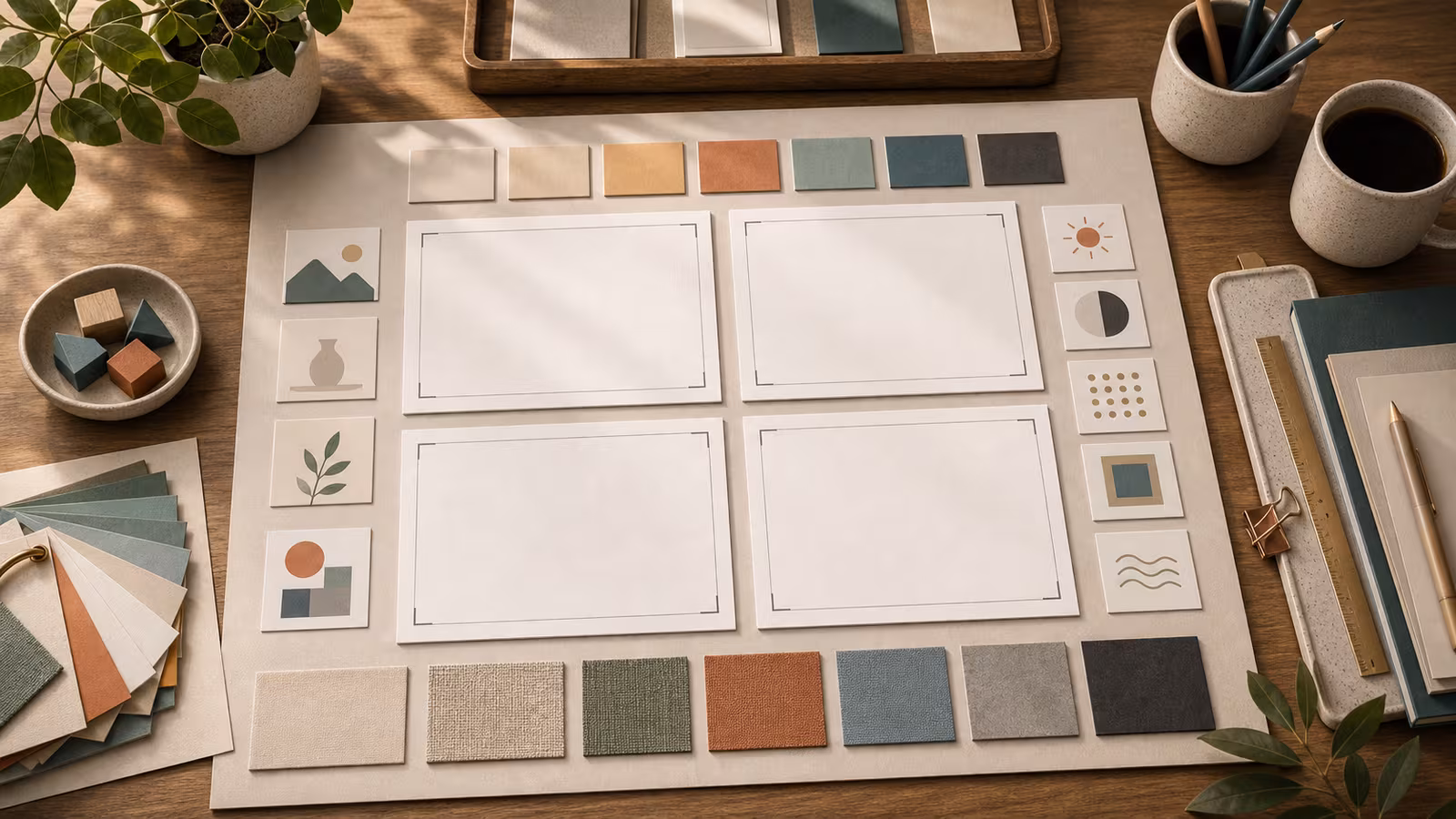 A cohesive visual set board with four blank image cards, shared palette swatches, crop frames, and style-rule chips.