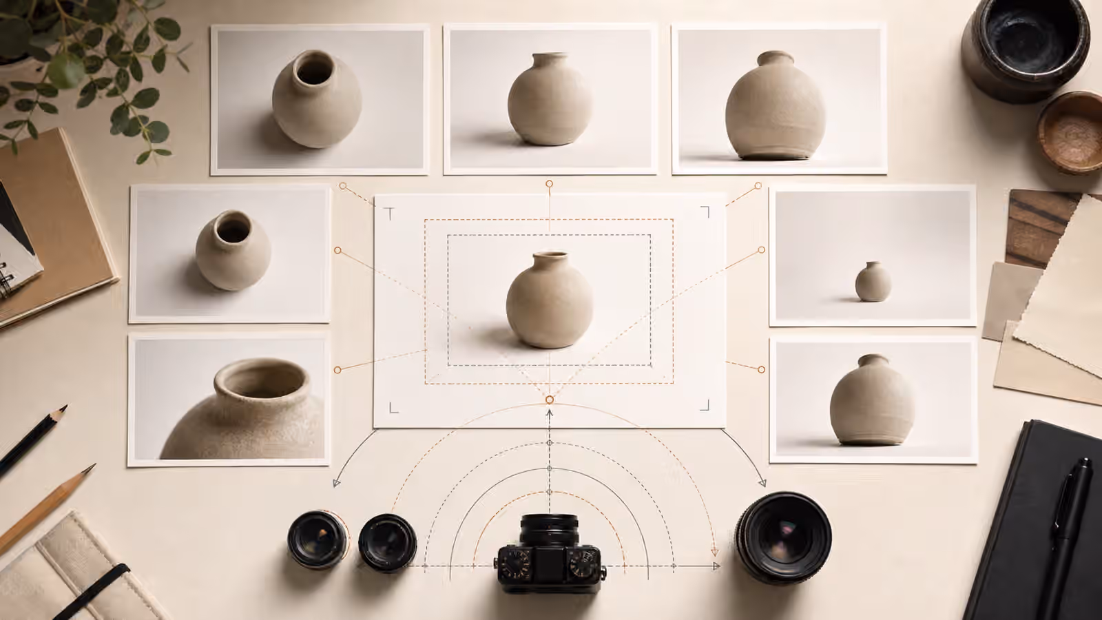 A camera perspective planning desk with blank image cards, lens shapes, and viewpoint guide lines.