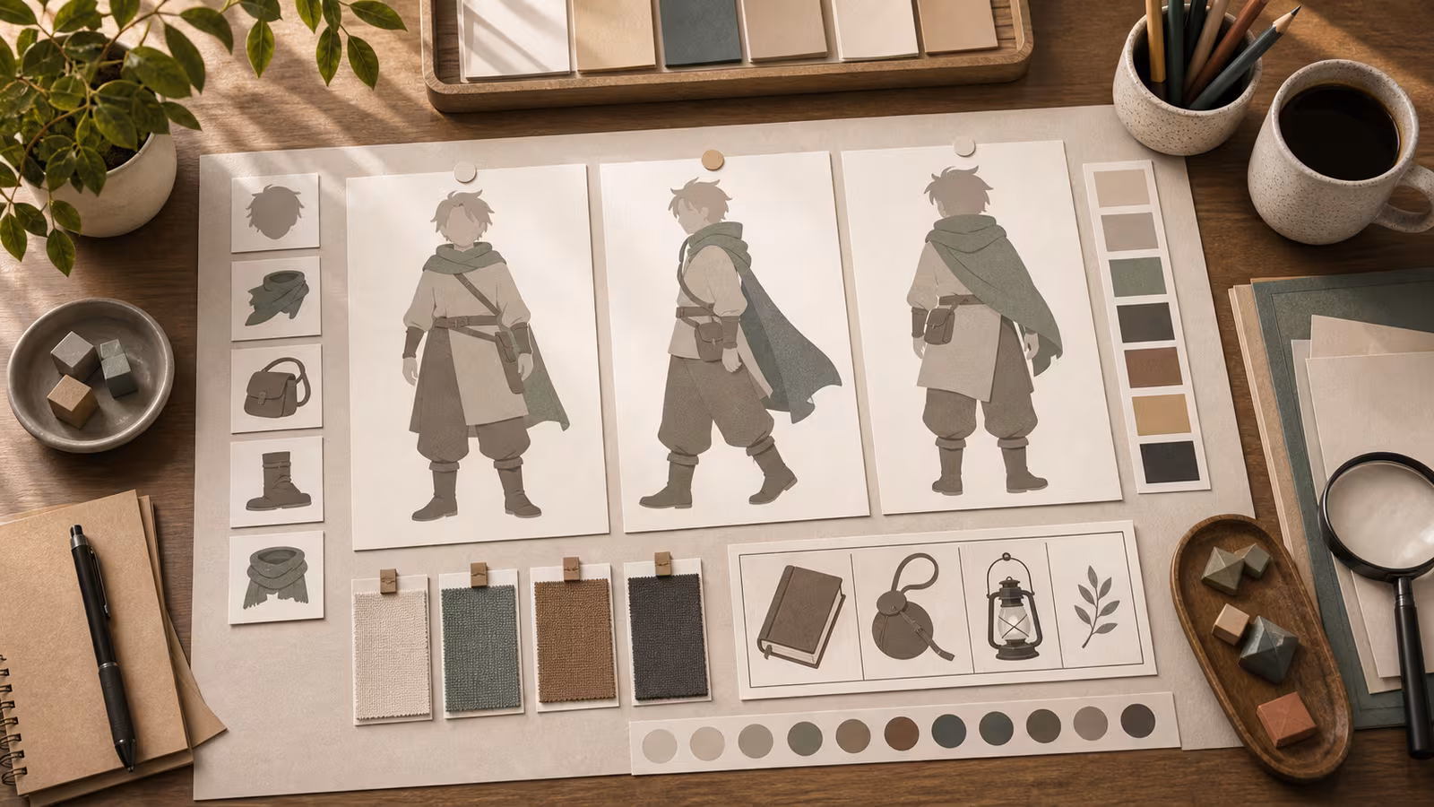 A fictional character reference sheet with blank pose cards, color swatches, and simple prop shapes for safe AI image prompting.