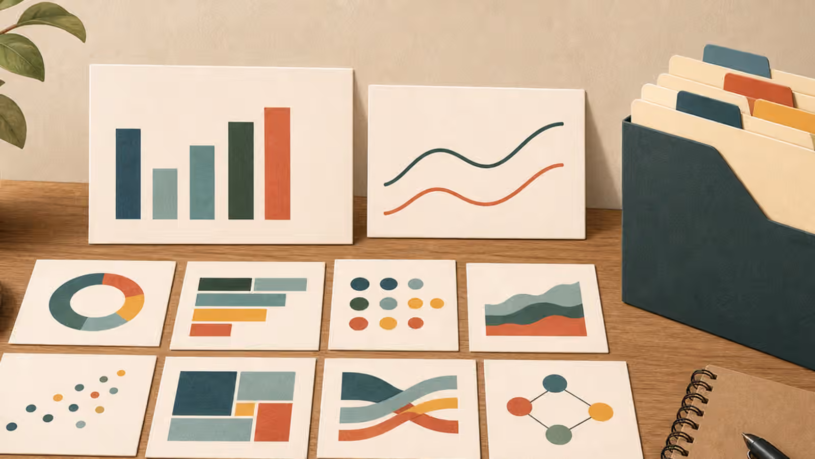 A clean analysis desk with blank chart cards, unlabeled bars, line shapes, color swatches, and organized folders.