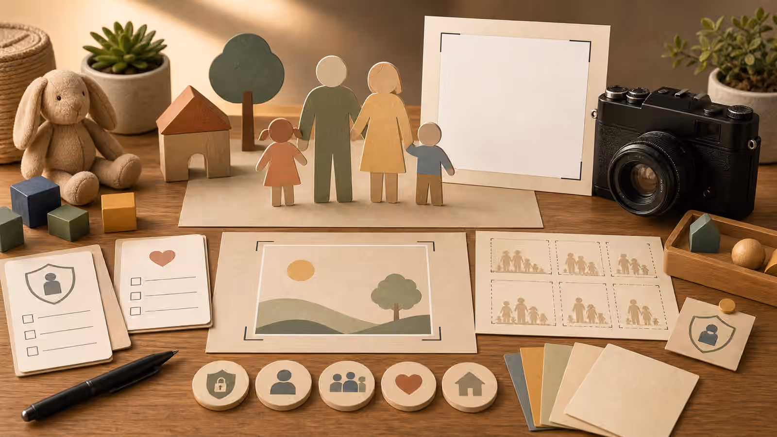 A planning desk with generic paper-cutout family figures, privacy cards, crop frames, soft props, and an unbranded camera frame.