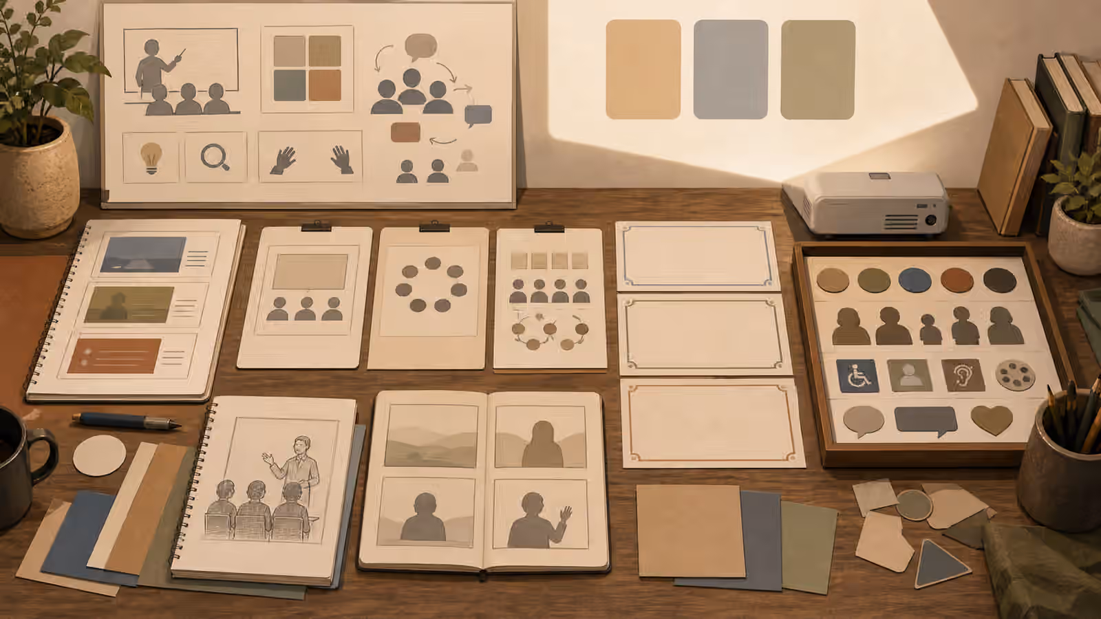 A training-room planning table with blank lesson cards, seating-layout blocks, practice materials, empty certificate shapes, and crop frames.
