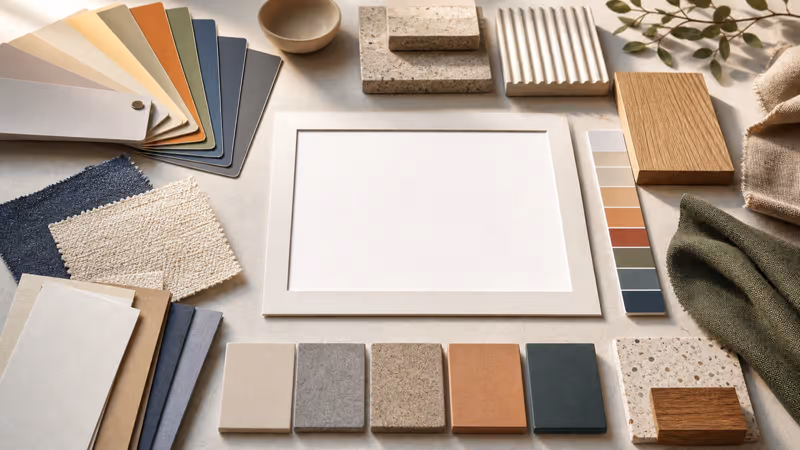 A color and material prompting desk with blank image cards, palette chips, fabric, ceramic, paper, wood, and stone samples.