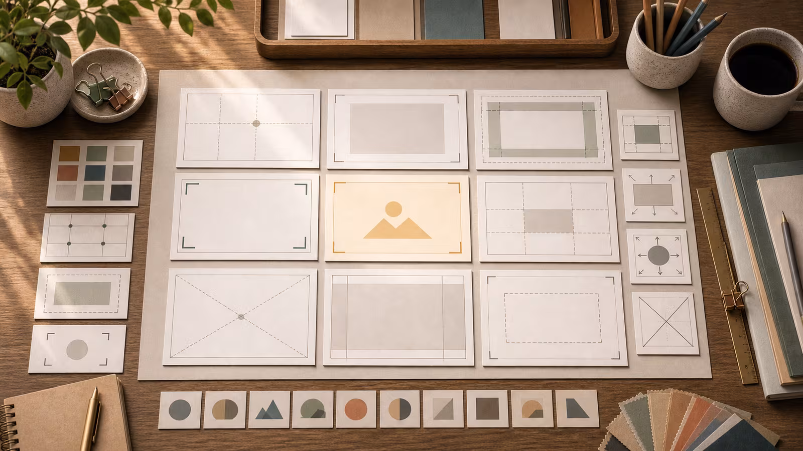 Blank composition frames, crop guides, and a main image card arranged to show visual hierarchy and safe zones.