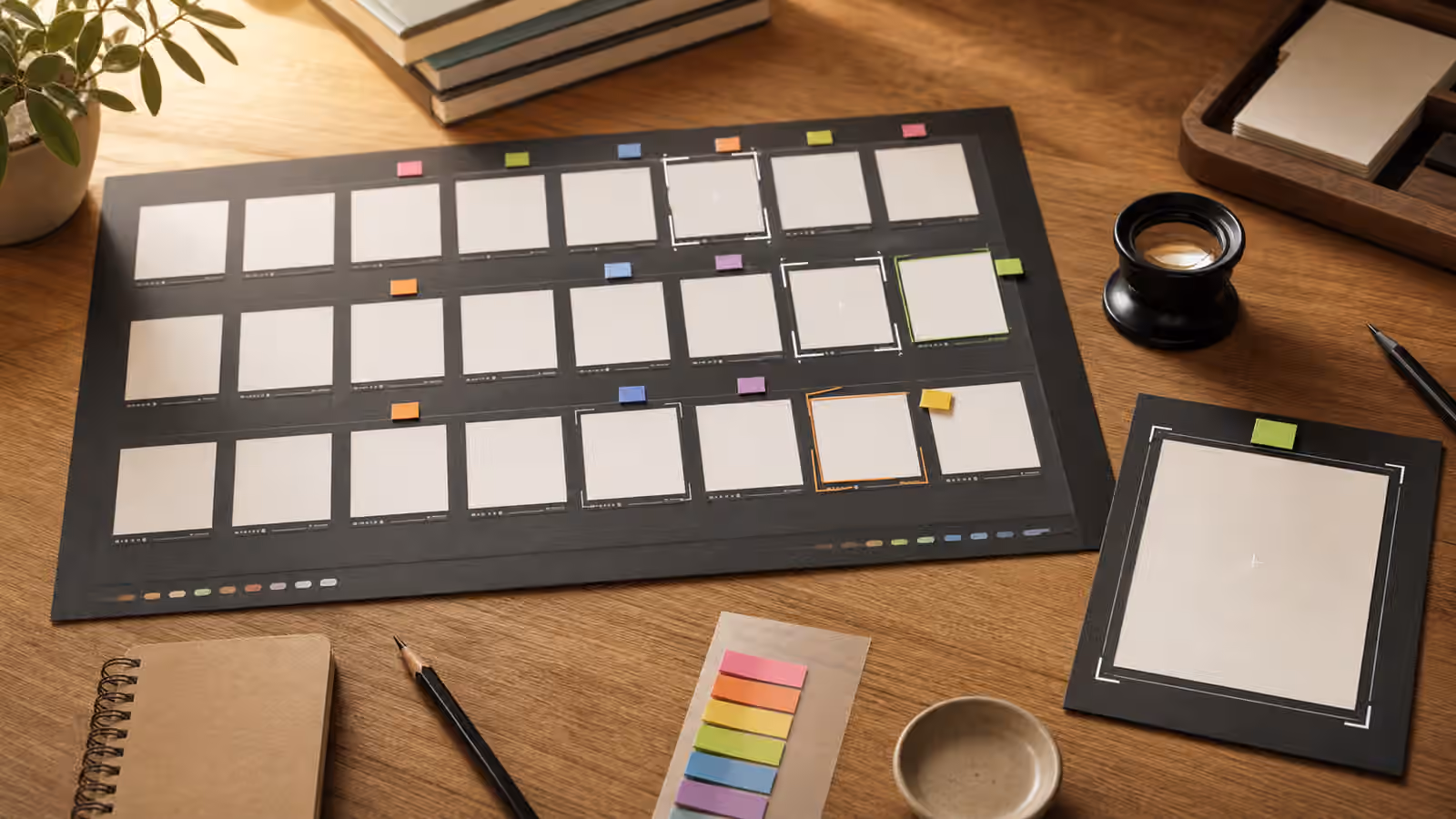 A review desk with blank image variants arranged in a contact sheet, selection tabs, crop frames, and a chosen-image card.