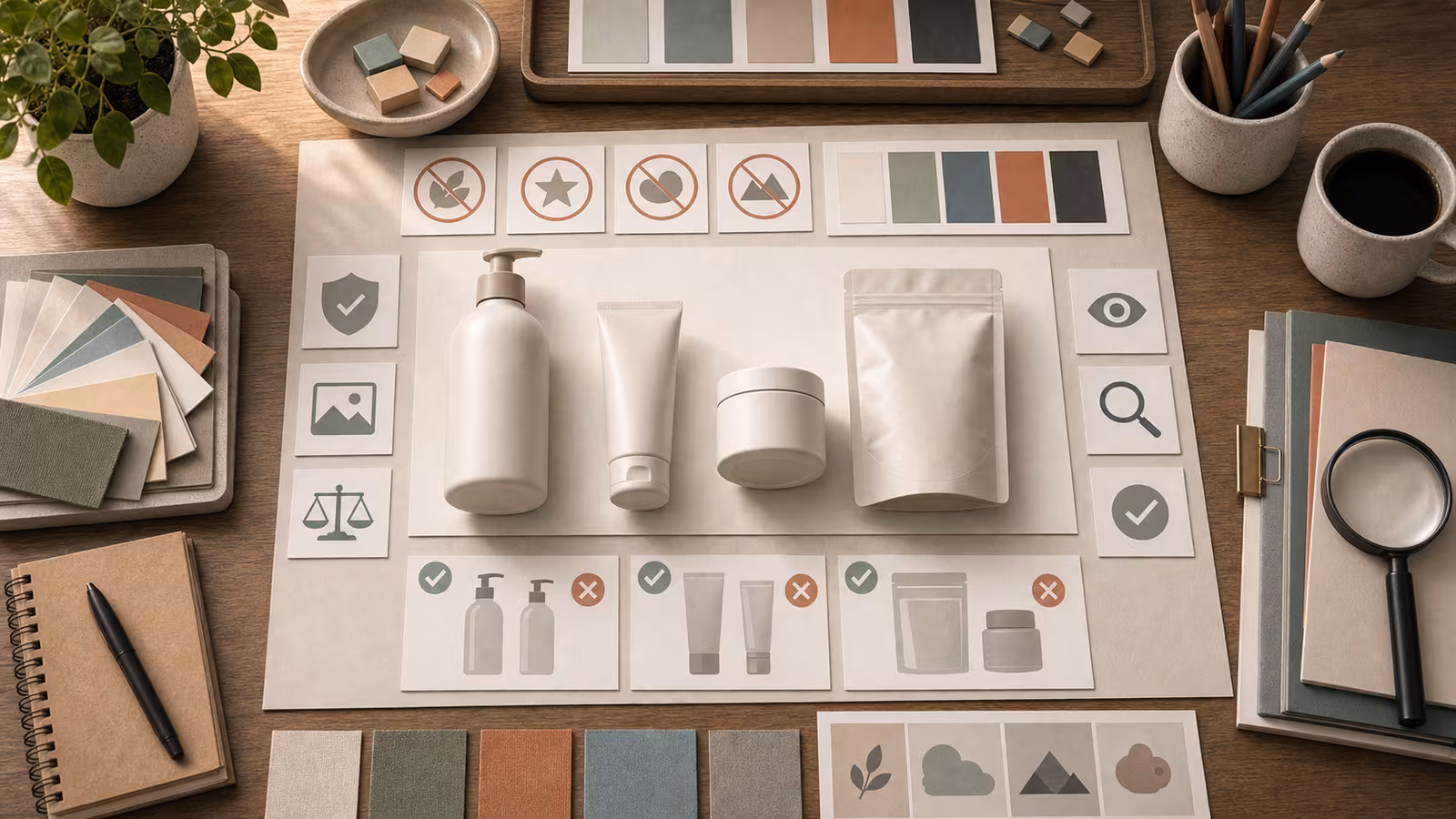 A brand-safe review desk with blank product shapes, no-logo markers, original color swatches, and quality-check tiles.