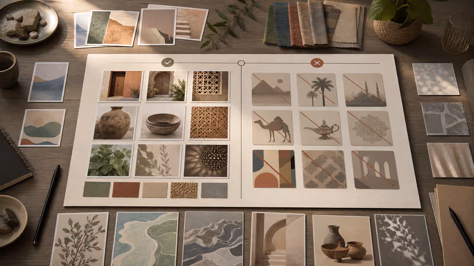 A respectful visual research board with material samples, architecture details, plant studies, and reference cards for culturally specific prompts.