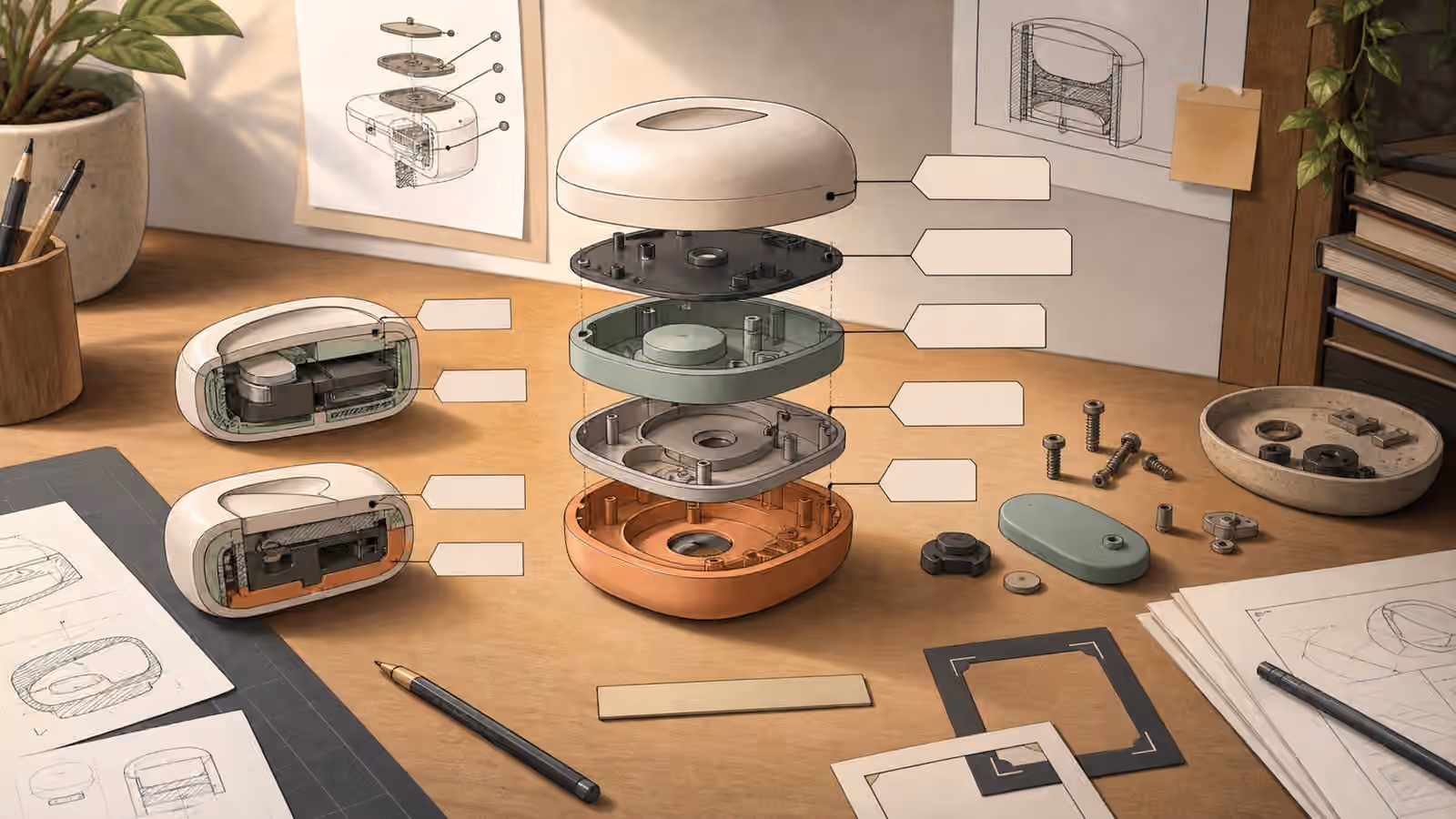 A clean workbench with a fictional device shown in separated layers, section slices, blank callout tabs, small fasteners, and crop frames.