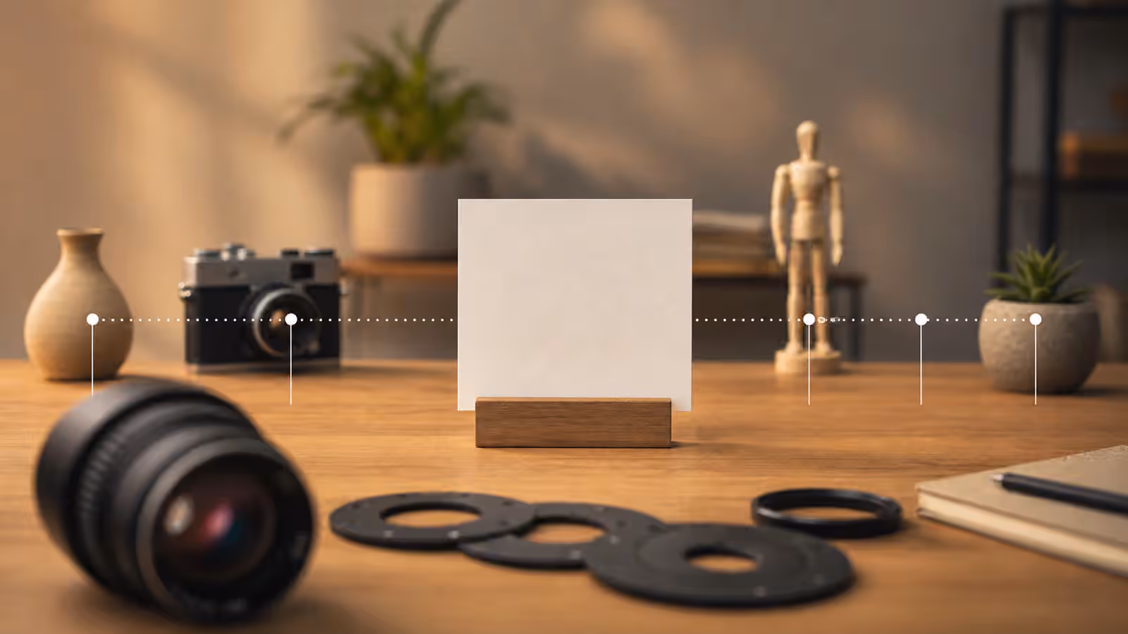A tabletop camera setup with one blank image card in sharp focus and nearby objects fading softly into the background.