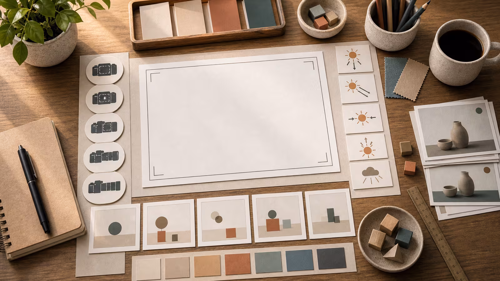 A storyboard frame and blank shot-note cards arranged on a desk for turning vague visual ideas into specific AI image prompts.