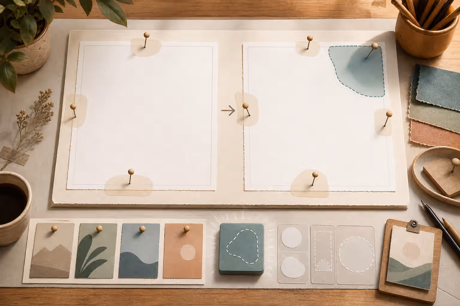 A before-and-after editing desk with blank image frames, preservation pins, a highlighted change tile, and masking shapes.