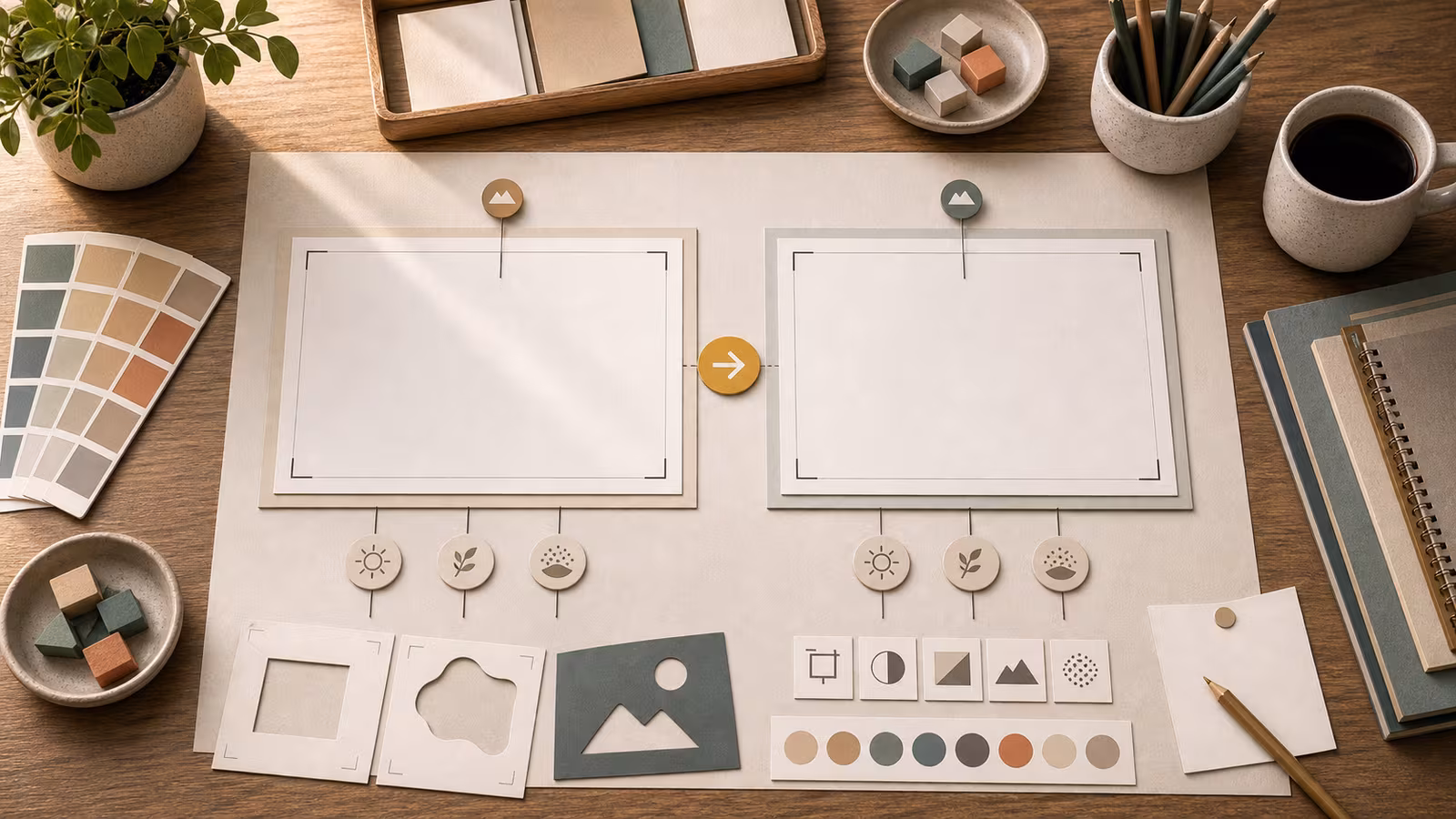 Two blank image cards on a desk with a single highlighted edit marker showing one controlled AI image revision.