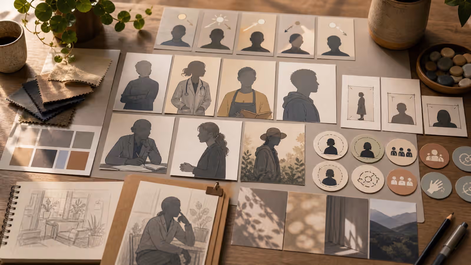 A portrait planning board with generic silhouette cards, lighting chips, crop frames, wardrobe swatches, and consent markers.