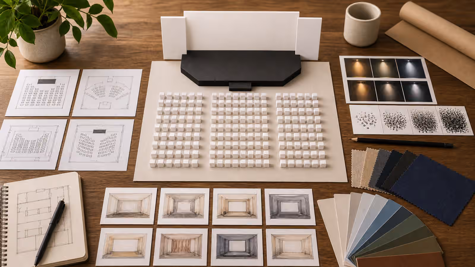 An event planning desk with blank venue cards, stage shapes, chair layouts, lighting swatches, crowd-density studies, and crop frames.