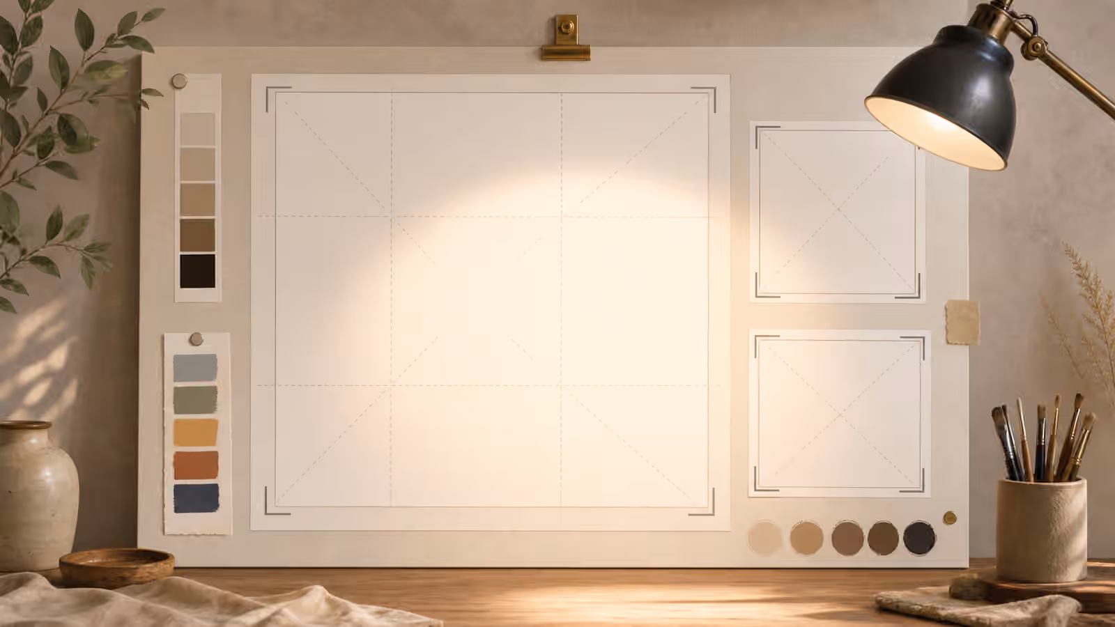 A composition board with one large blank focal frame, smaller supporting frames, crop guides, color swatches, and soft focus light.