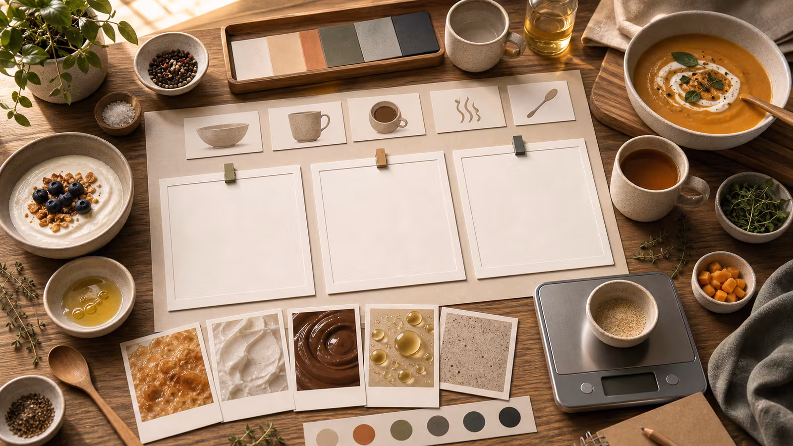 A food and drink prompting table with bowls, cups, steam shapes, texture samples, and neutral serving props.