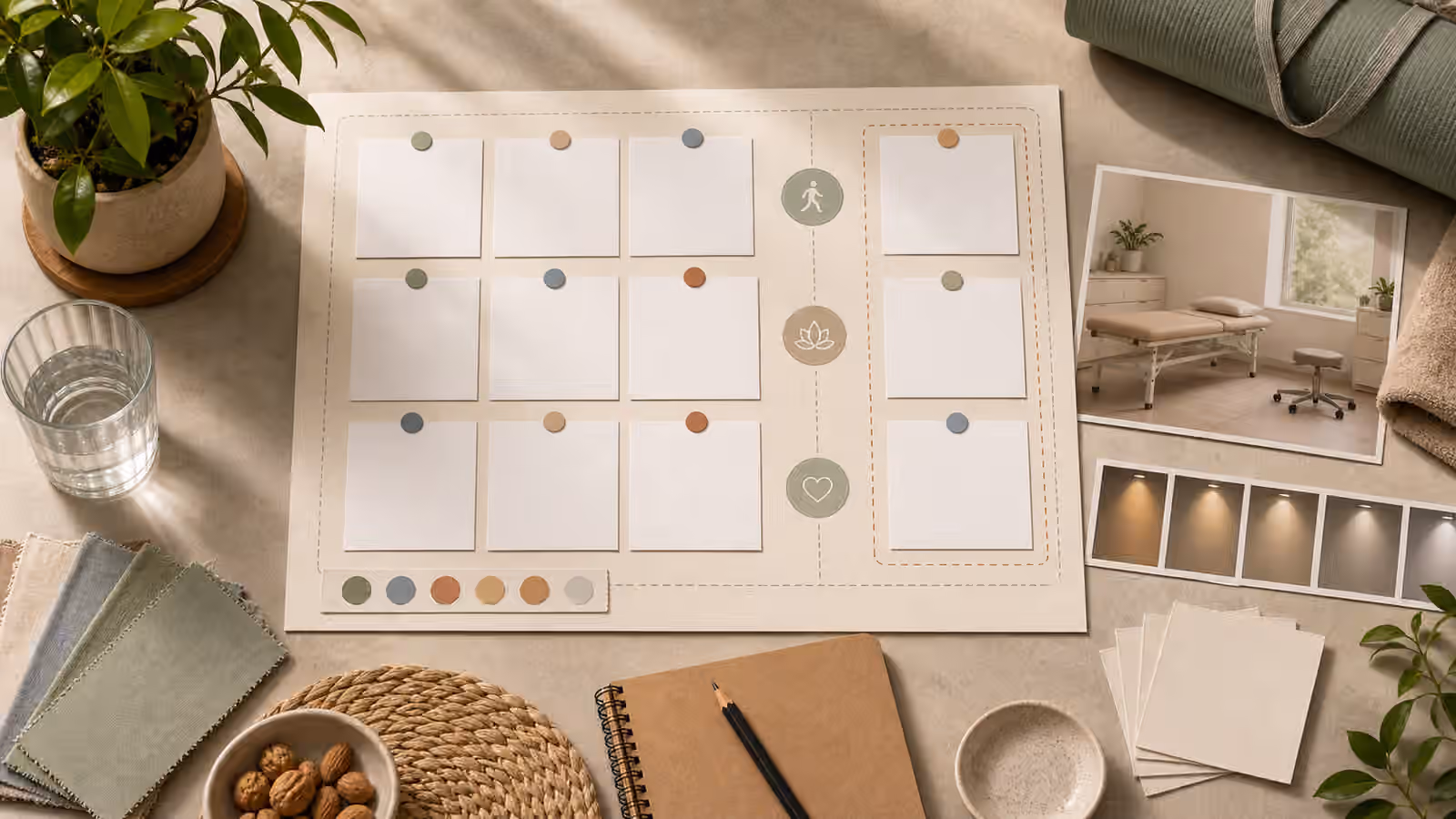 A restrained wellness planning desk with blank image cards, neutral activity props, soft lighting swatches, and evidence-boundary markers.