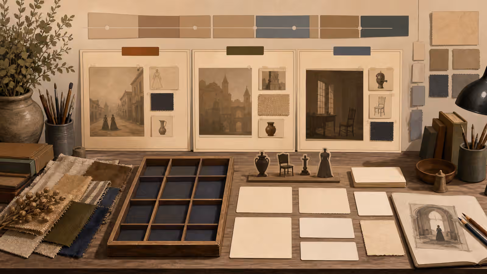 A historical scene planning desk with blank archive frames, period reference cards, fabric swatches, prop silhouettes, and crop guides.