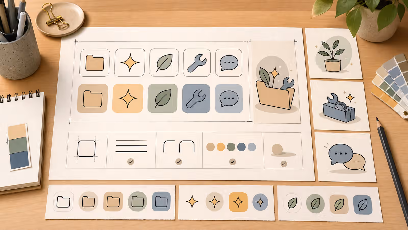 A cohesive icon and spot-illustration planning board with unbranded symbol tiles, palette swatches, and style-rule cards.