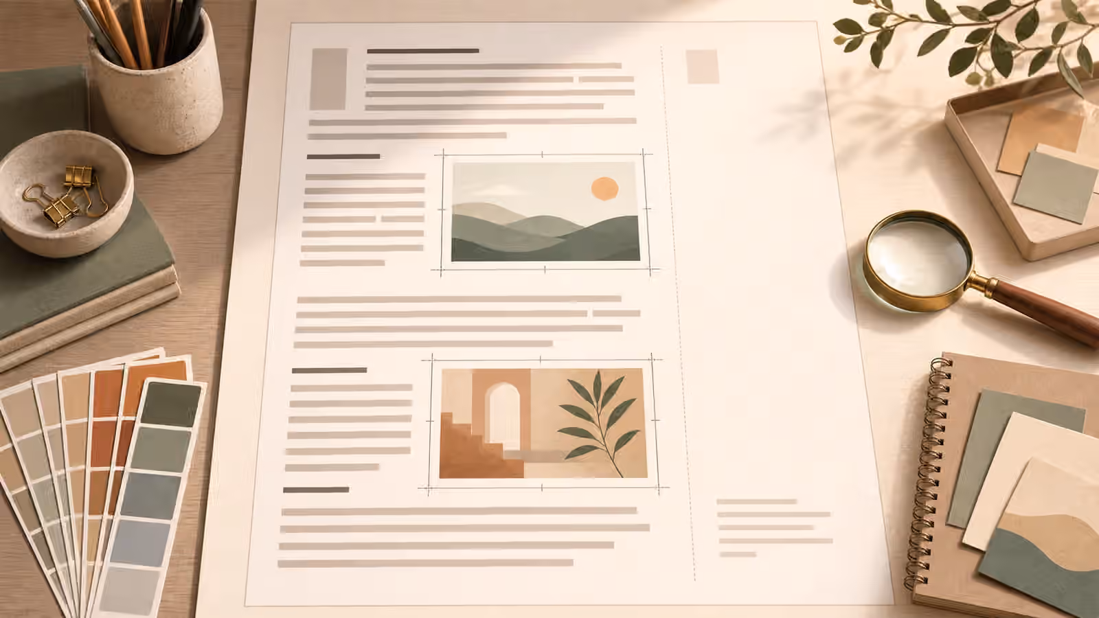 An editorial layout desk with abstract article cards, small inline image frames, crop guides, a magnifier, and palette chips.