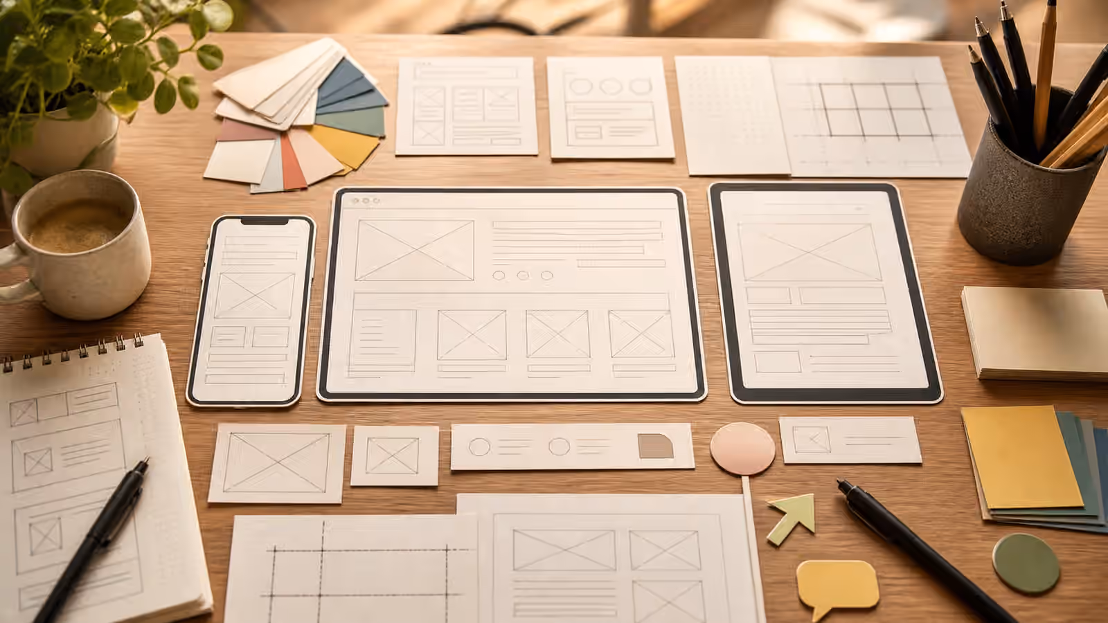 A design desk with blank device frames, unbranded interface cards, crop guides, and color swatches for planning conceptual UI visuals.