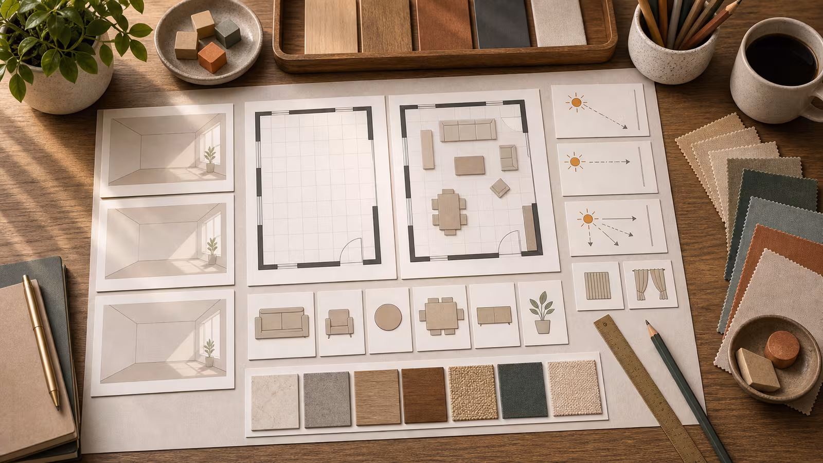 A room setup planning board with floor-plan blocks, daylight arrows, material swatches, and blank interior prompt cards.