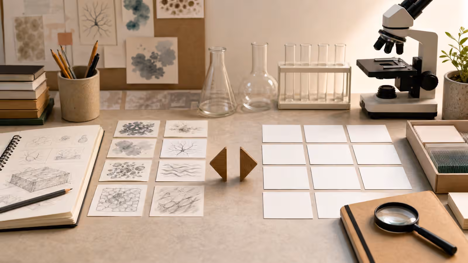 A restrained research illustration desk with blank sample cards, glassware shapes, a microscope silhouette, observation tiles, and review markers.