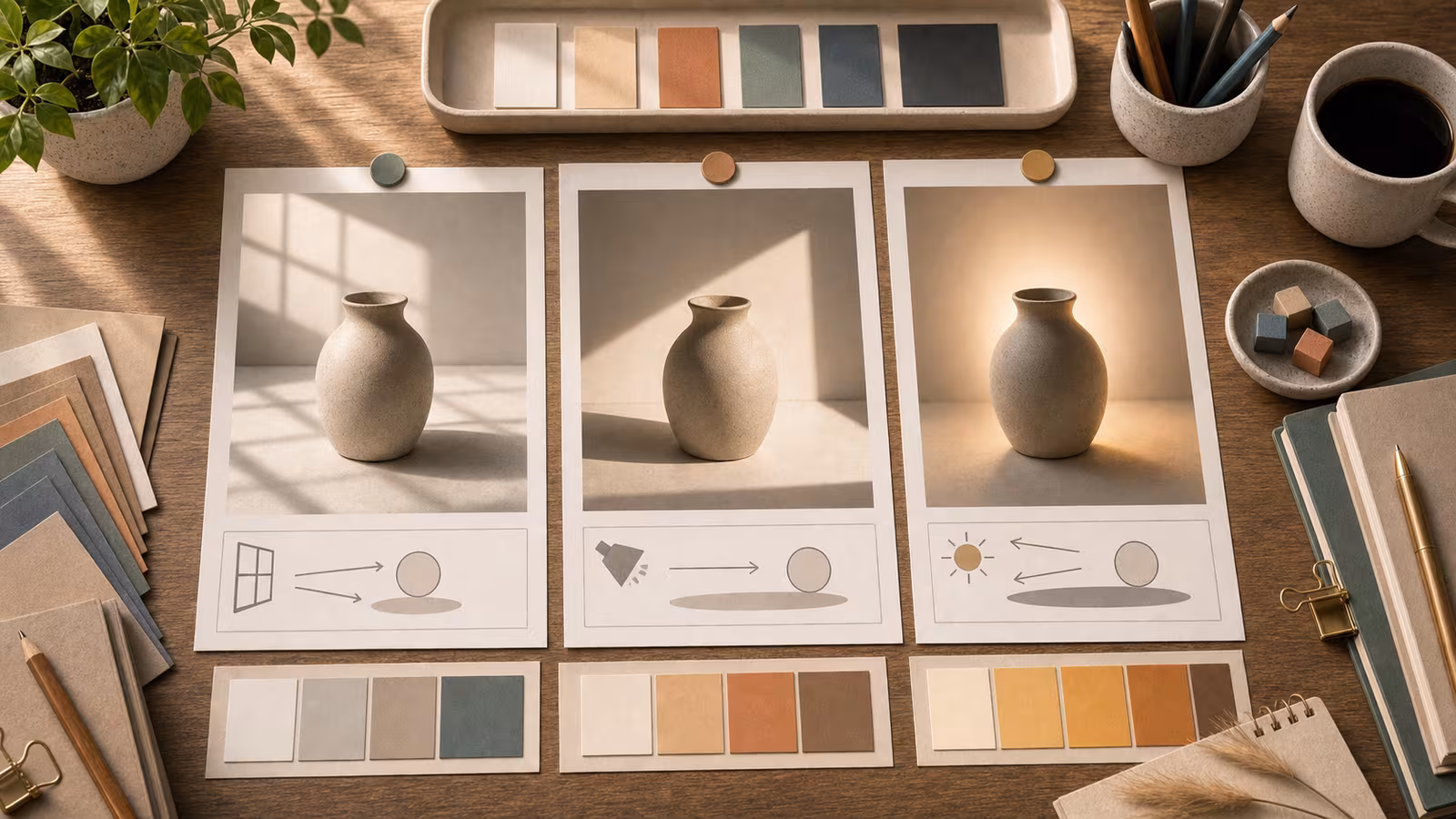 A blank object study arranged under different light directions with shadow shapes and color swatches for AI image prompting.