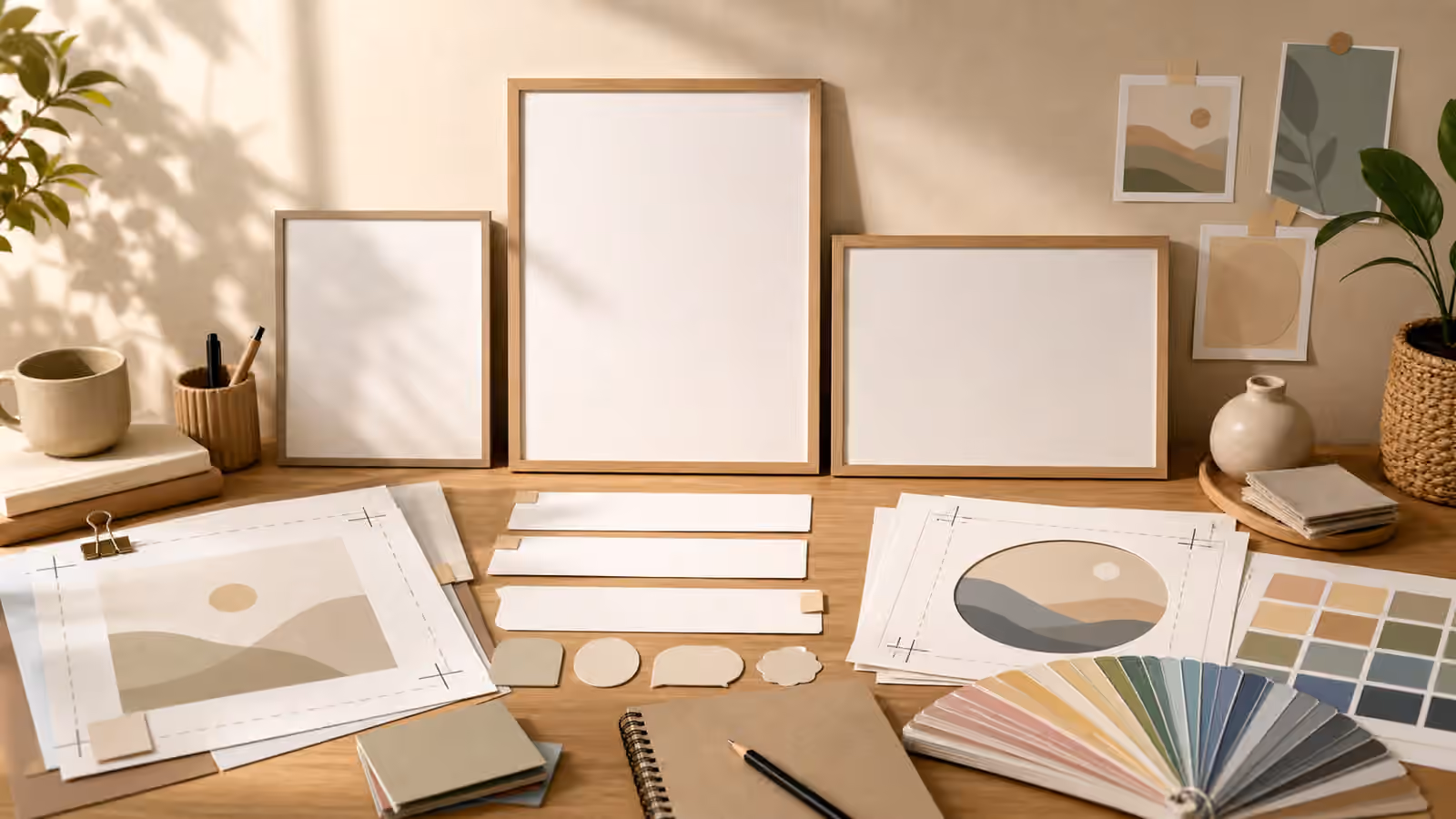 A localization planning desk with blank frames, neutral symbols, crop masks, and color swatches.